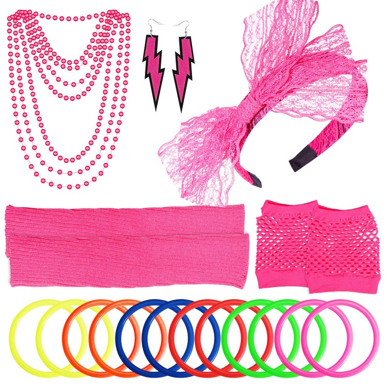 PAXCOO Women's 80s Outfit Costume Accessories Set Neon Headband Earrings Fishnet Gloves Leg Warmers Necklace Bracelet - Image 1